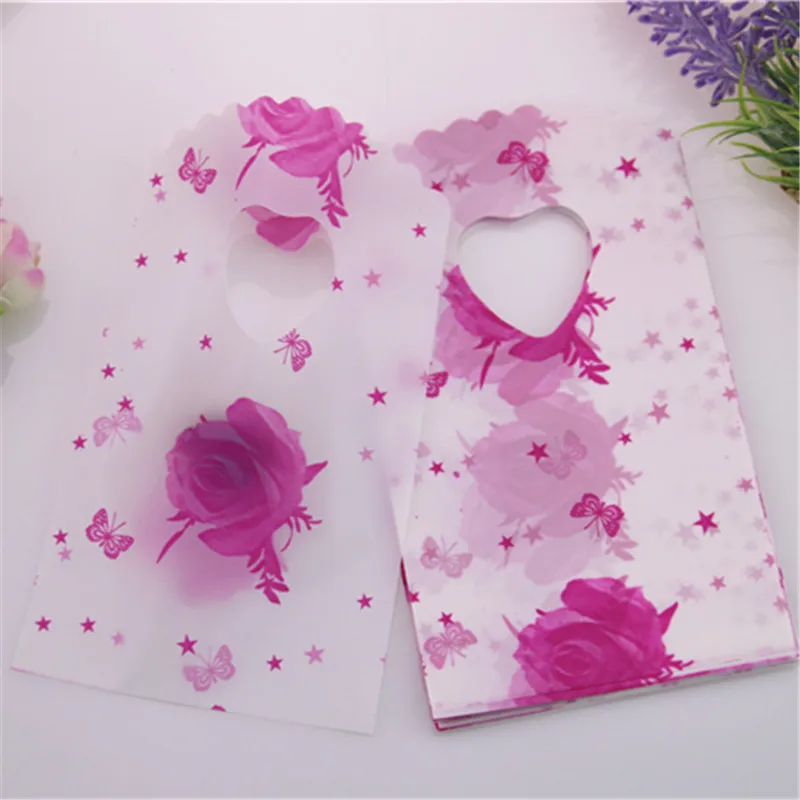 Hot Sale New Fashion Wholesale 50pcs/lot 9*15cm Pink Rose Gift Packaging Bags With Stars Small Birthday Package Gift Bags