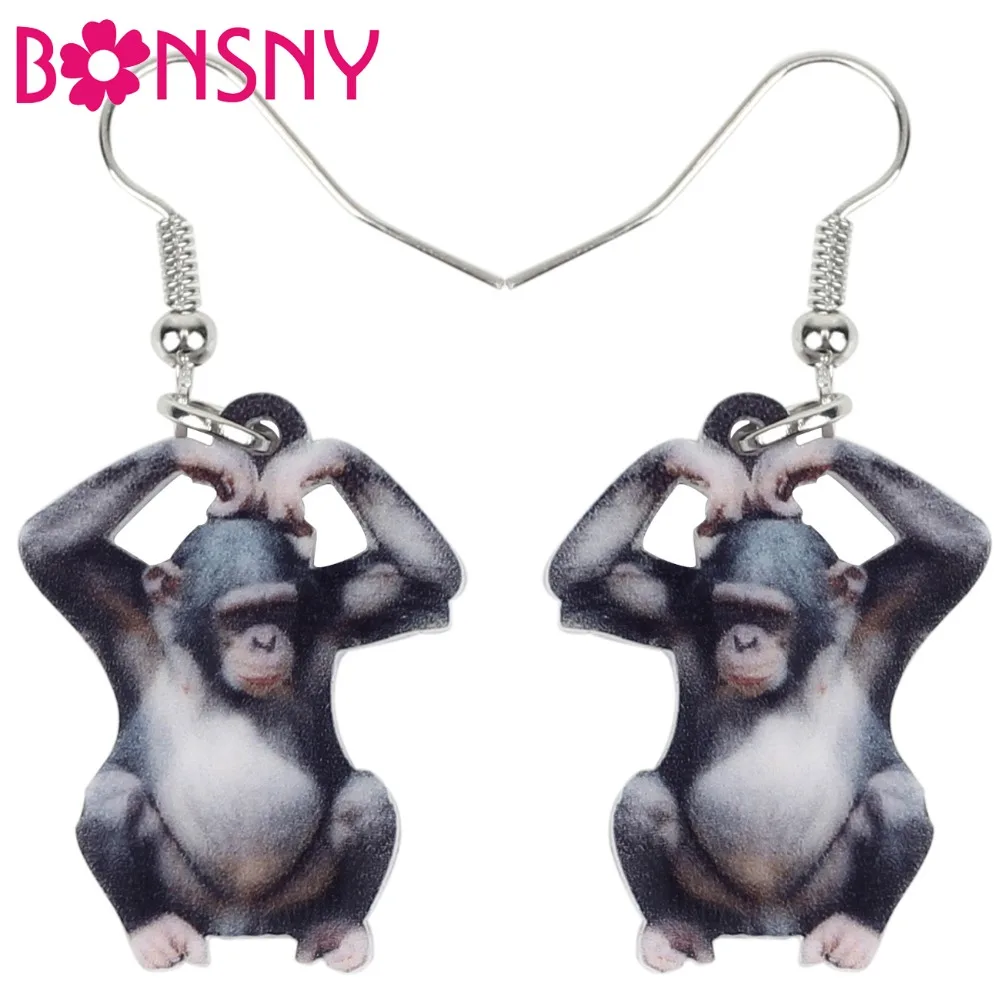 Bonsny Acrylic Cartoon Lovely Gorilla Orang Earrings Big Long Dangle Drop Africa Tropic Jungle Animal Jewelry For Women Girls