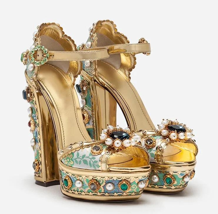 Women Gold Floral Lace Sandals Peep Toe Ankle Strap Crystal Pearl Decoration Wedding Shoes Bride