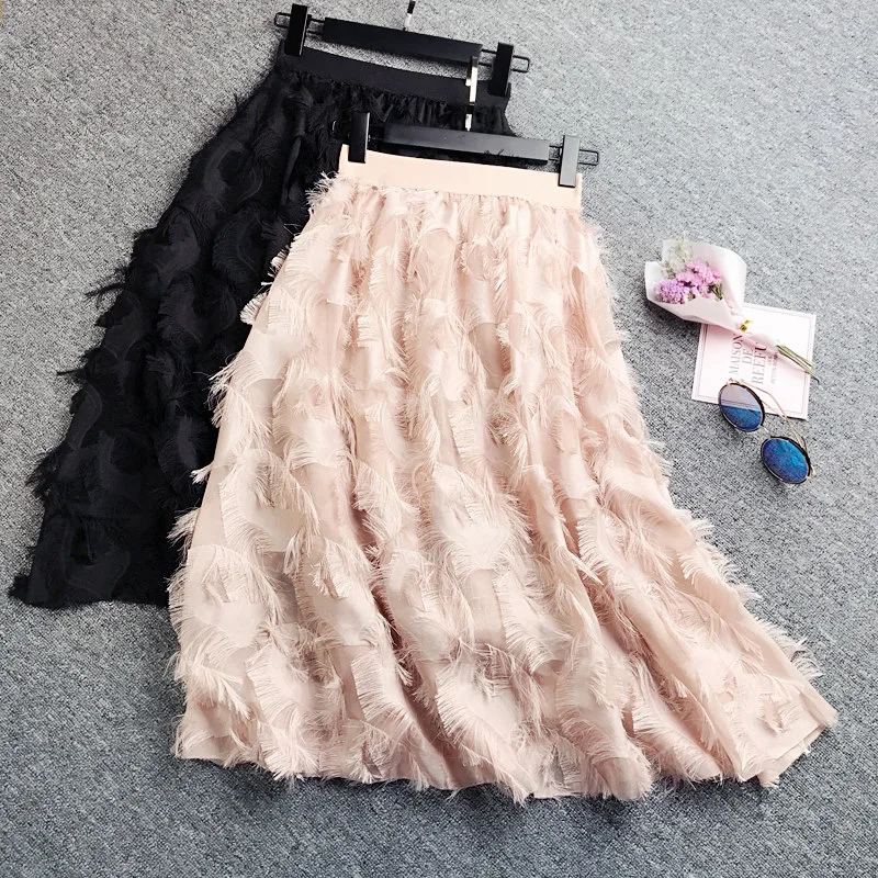 

2019 New Spring Women Long Skirts Elastic High Waist Tassel Feather Chiffon Skirt Female Elegant Tutu Pleated Skirt Saias AB1298