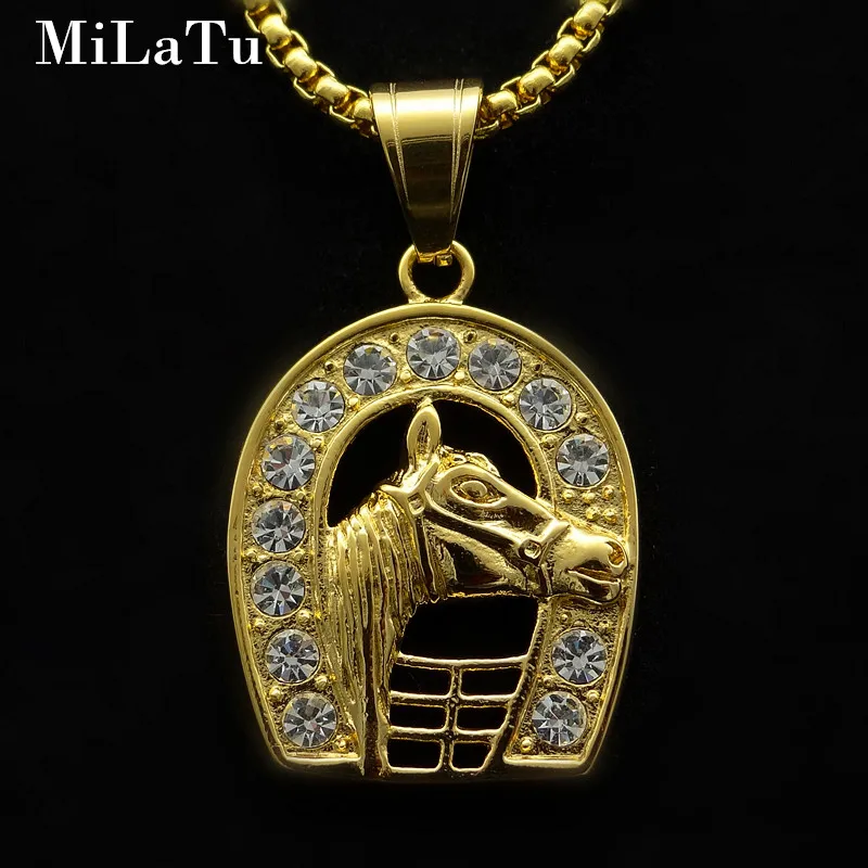 

Bling Rhinestone Horse Head Pendant Necklace Stainless Steel U-Shaped Jockey Club Fans Equestrianism Jewelry Gift NE664G