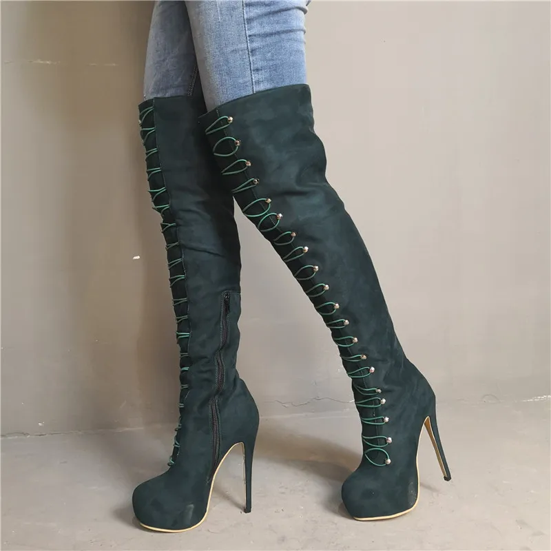 Bota feminina suede leather thigh high heel platform boots crotch sexy overknee round toe long ladies boots shoes woman