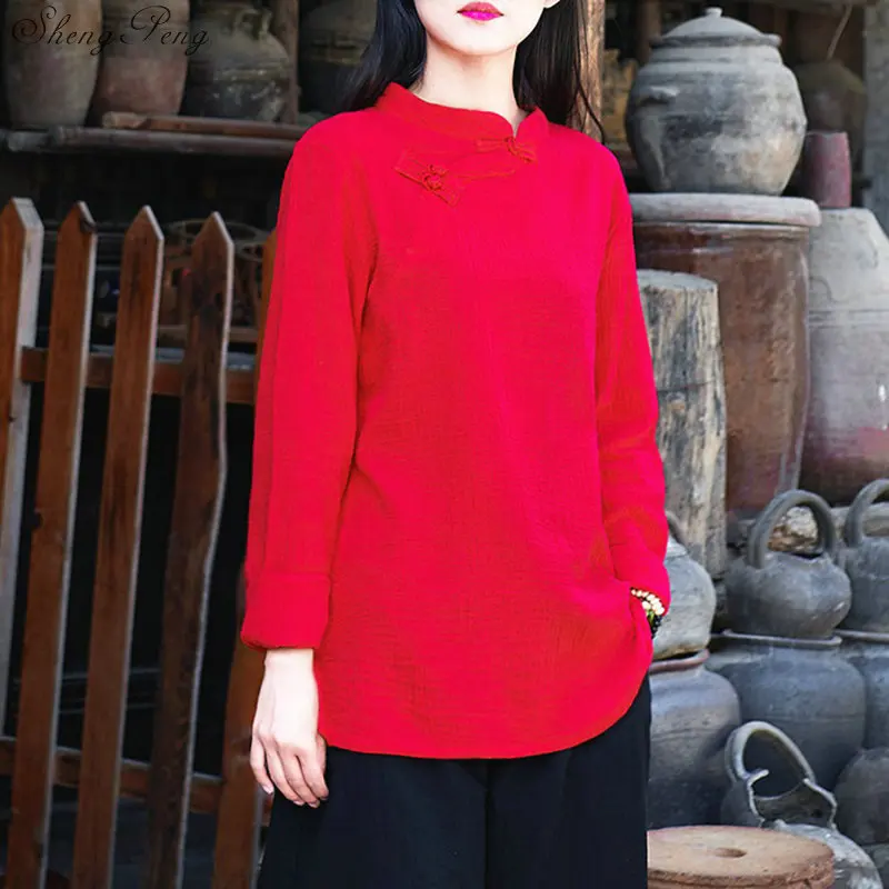 Traditional Chinese shirt long sleeve mandarin collar blouses female zen clothing white cotton linen blouse Q803