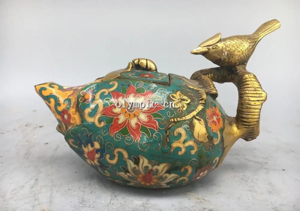 7'' red copper cloisonne enamel Flower design carved Bird pot teapot cup statue