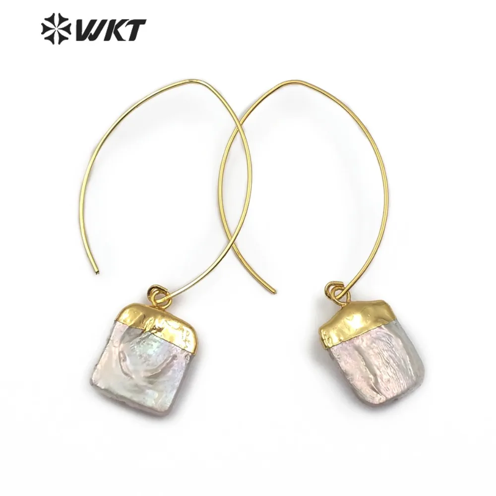 WT-E492 Square Shape Natural Freshwater Pearl Earring Gold Capped Pearl Pendant With Metal Hoop Vintage Pearl Jewelry For Women