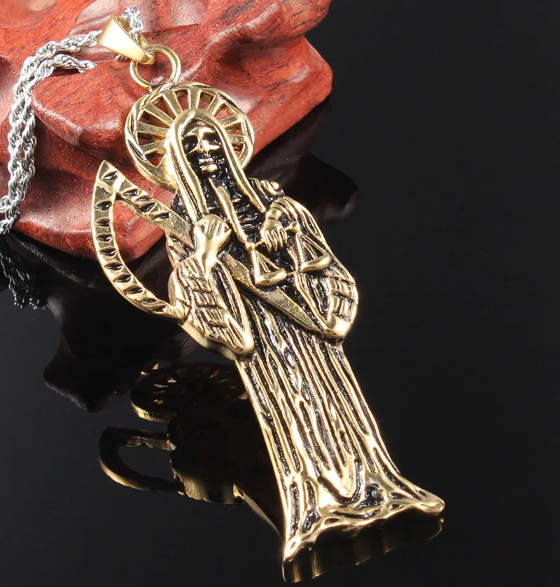 Hip Hop Vintage Holy Saint Death Santa Muerte Skull Biker Pendant Golden Necklace Stainless Steel Man Women Religious Jewelry