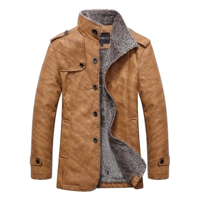 

Fashion Men's Slim Solid Leather Jacket Coat Cashmere Lined Autumn And Winter Warm Coat PU Leather Windproof Waterproof Parka
