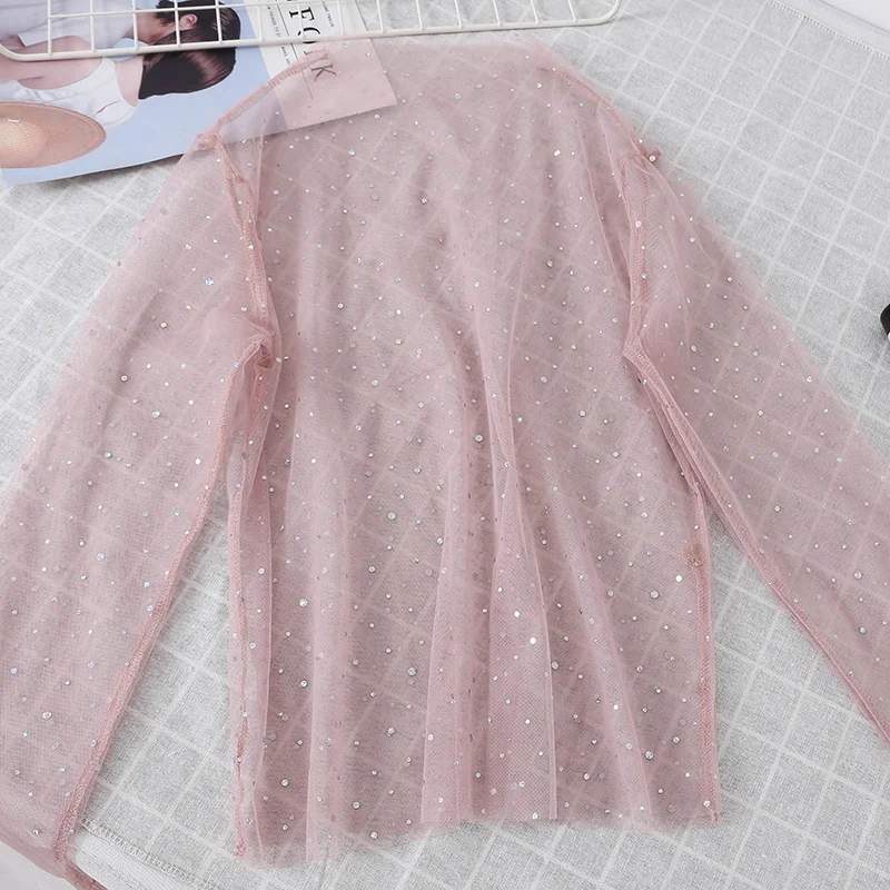 2024 Summer Women O-Neck Pullover Basic Under Chic Shirt Lady Elastic Slim Bling Sequin Mesh Gauze Voile Ruffle Lace Blouse Tops