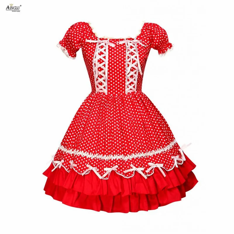 

Casual/Birthday/Party Middle-Long Dress XS-XXL Free Shipping Womens Red Cotton Short Sleeves Square Neck Drawstring Lolita Dress