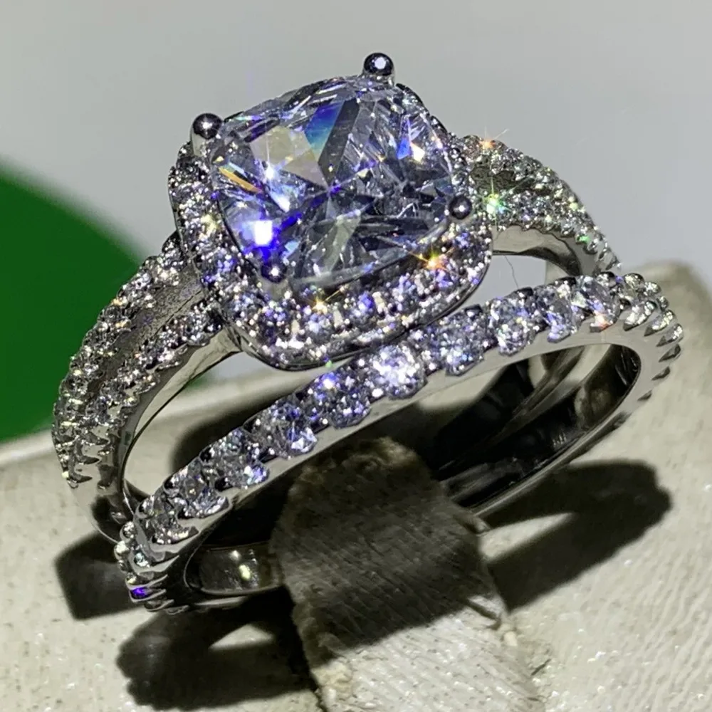 Choucong nova marca de luxo jóias 925 prata esterlina forma almofada aaaaa zircônia cúbica festa eternidade casamento casal anel conjunto