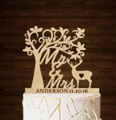 

Rustic Deer Wood Wedding Cake Topper Silhouette Couple Mr & Mrs personalize Name date party decorations