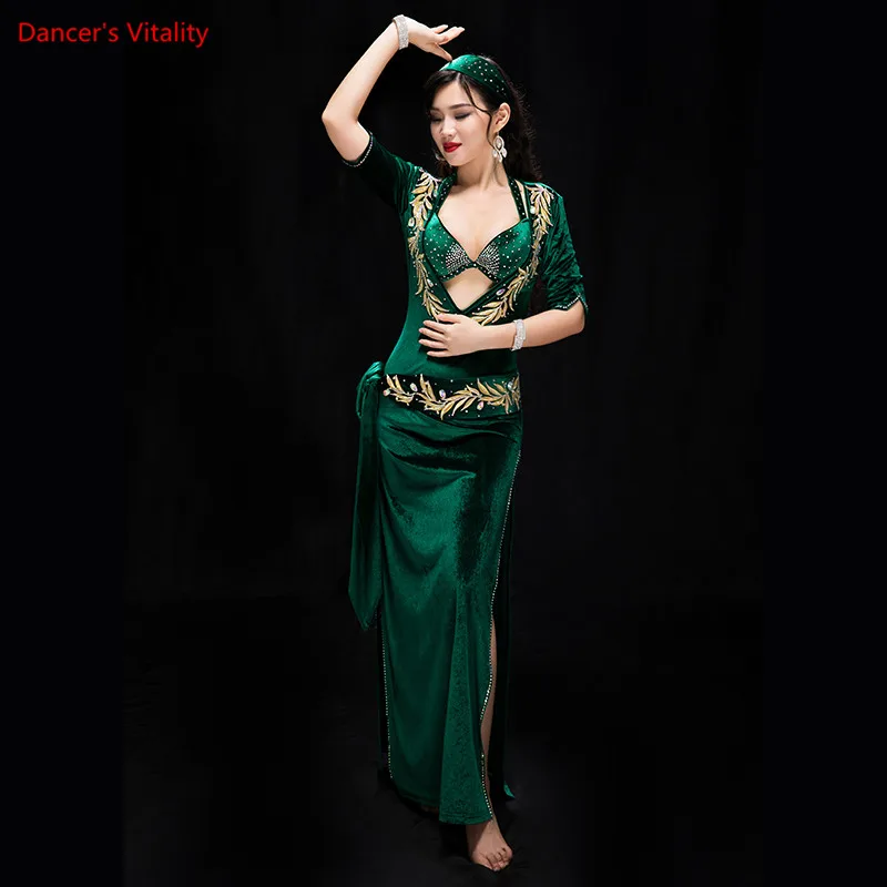 Women Performance Belly Dancing Show in Costume Bra+Underpants+robe+Headdress+belt 5PCS velvet Dance Cothing Belly dance Dress