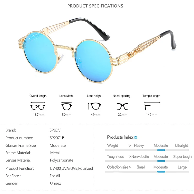 New Fashion Polarized Sunglasses for Men and Women Retro Steampunk Round Metal Frame Double Spring Leg Colorful Shades UV400