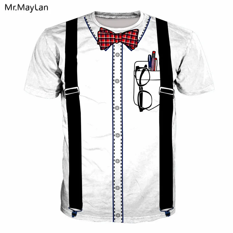 Fake Bib Bow tie Glasses Pens Print 3D T-shirt Men Women Hip hop White Tee t shirt Hipster Streetwear Boy Tshirt Clothes 5XL 6XL