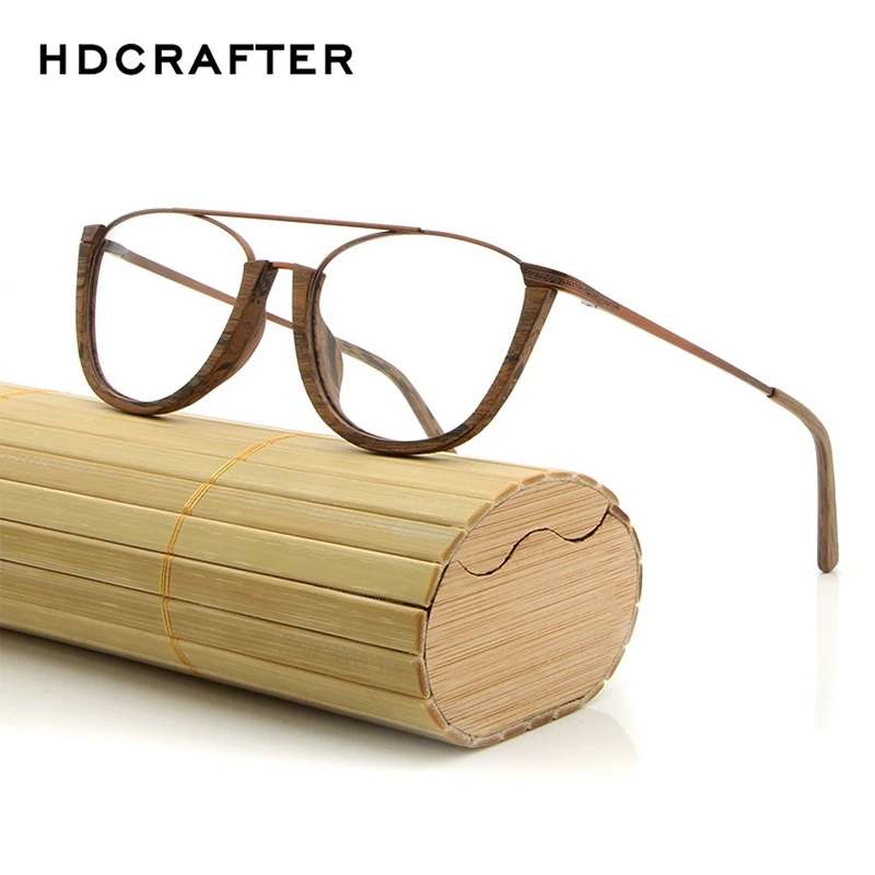 HDCRAFTER-Montura de gafas ópticas de madera para hombre y mujer, gafas graduadas de grano de madera con lentes transparentes, lentes de lectura transparentes