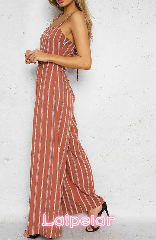 Striped Jumpsuits Playsuit Women Off Shoulder Summer Beach Sexy Strap Long Rompers Playsuits Backless Bow Overalls feminino