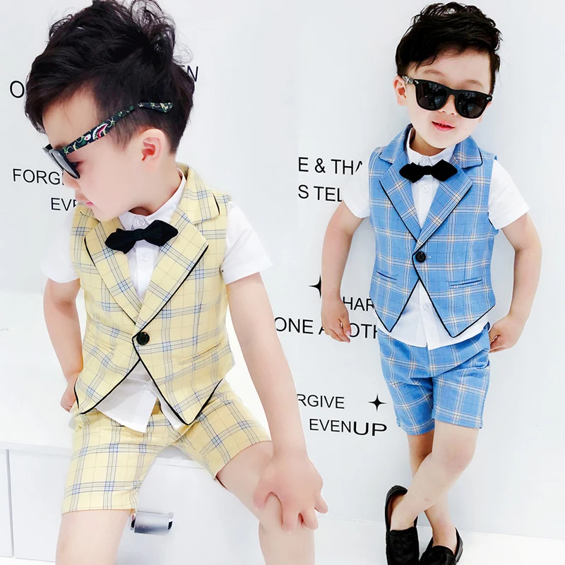 Kids Boys Summer Vest+Shorts 2PCS Clothing Set Gentleman Wedding Dress Children Plaid Party Formal Wear Suit F130