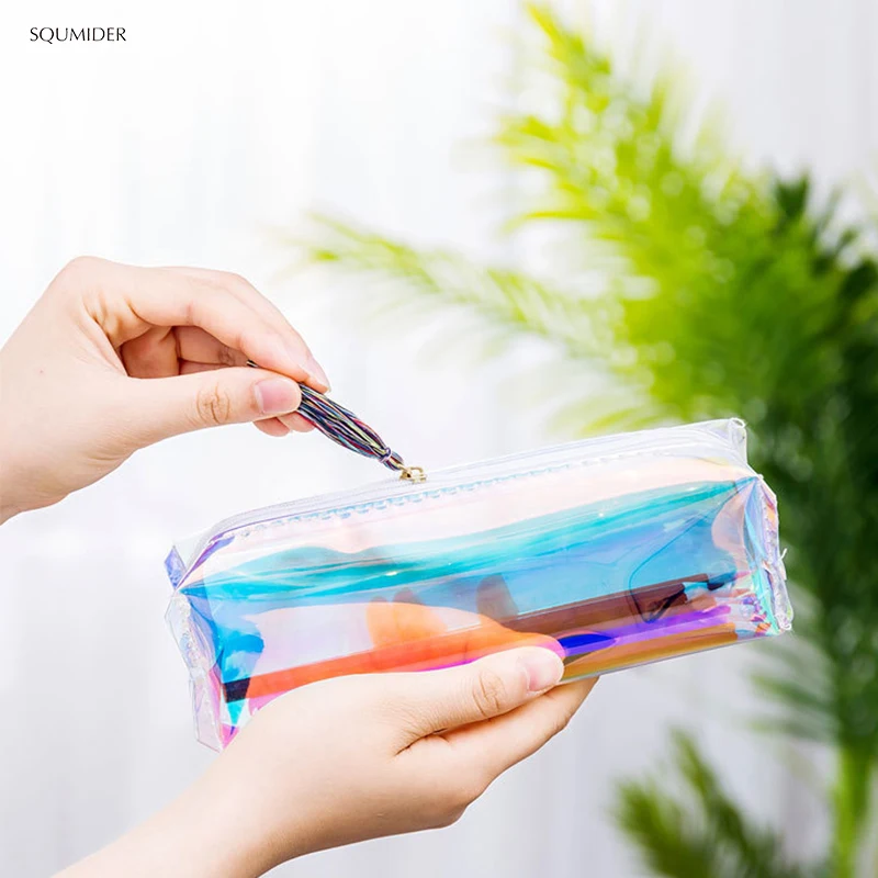 Creative Laser School Pencil Cases Colorful Transparent Cosmetic Makeup Bag Pouch Cute Girls Pencil Bag High Capacity School