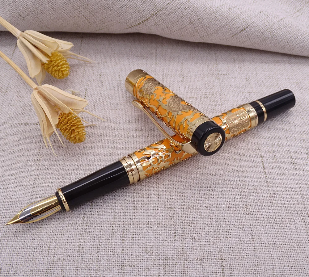 Imagem -06 - Jinhao 5000 Luxuoso do Vintage Metal Caneta Fonte Bela Textura Dragão Escultura Laranja & Caneta Tinta Dourada para o Negócio de Escritório