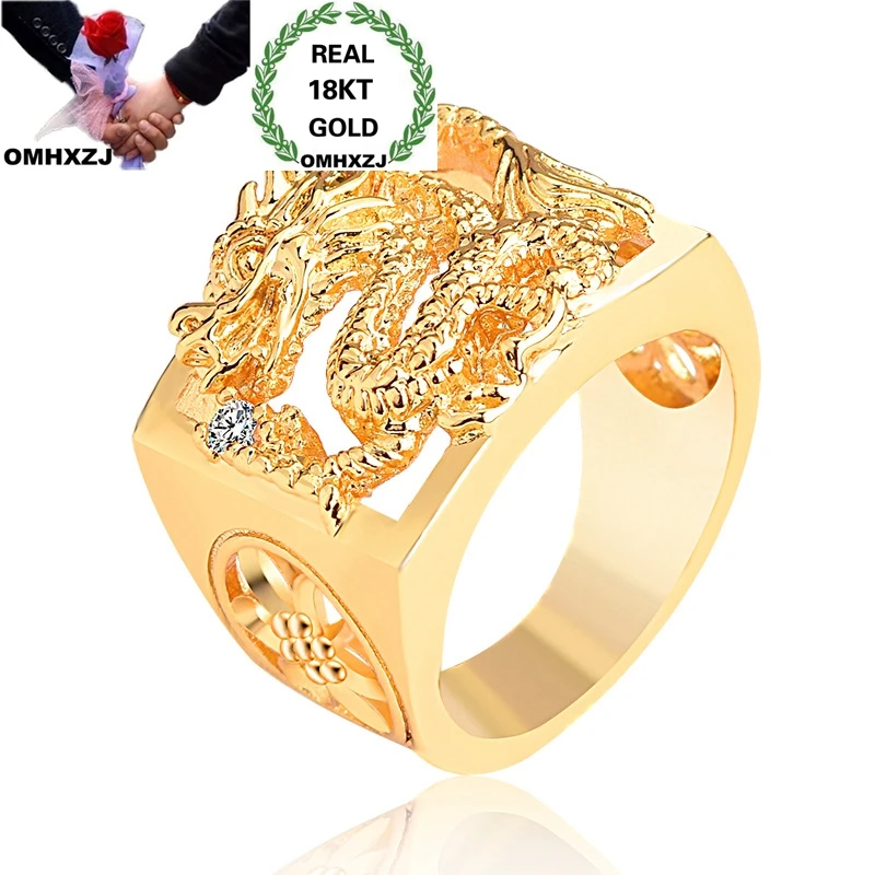 

OMHXZJ Wholesale European Fashion Hot Man Male Party Birthday Wedding Gift Wide Dragon Flower AAA Zircon 18KT Gold Ring RR937