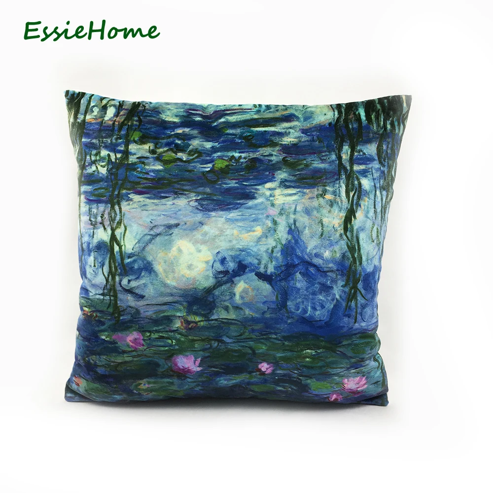 ESSIE HOME Digital Print Monet Impressionist Paint Water Lilies Velvet High End Cushion Cover Pillow Case Throw