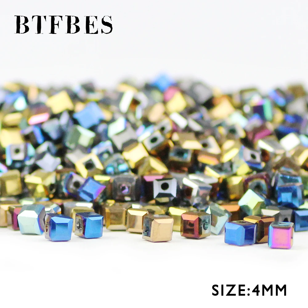 BTFBES Square Shape Austrian Crystal Beads Quadrate 4MM 100pcs Plating AB Glass Space Loose Bead for Jewelry Bracelet Making DIY