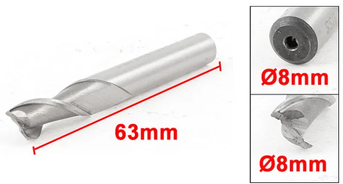 

Silver Tone Milling Cutter Straight End Mill 8mm x 8mm x 19mm x 63mm 2 Flutes 2pcs