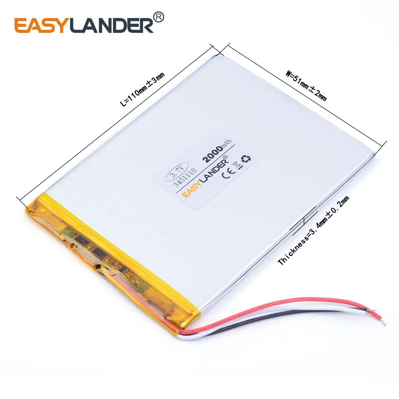 10 teile/los 3Wries 3,7 V 2000 mAh 3451110   Wiederaufladbarer Lithium-Li-Ionen-Polymer-Akku für Tablet-PC