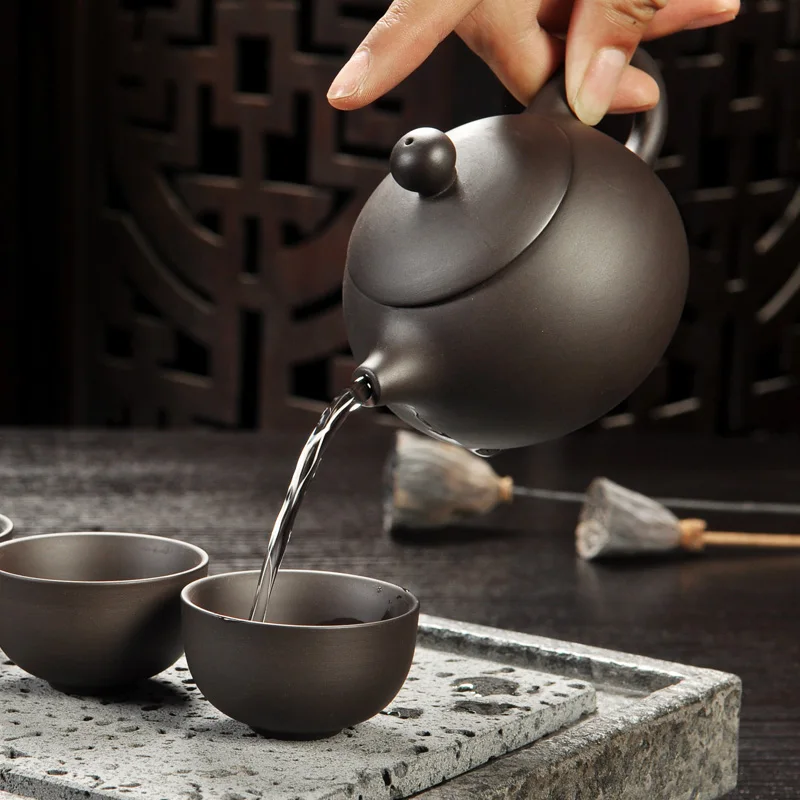 Yixing Purple Sand Tea Set Black/Red Ceramic Kung Fu Teapot Handmade Teacup Gaiwan Tureen Tea Ceremony (Not Include Stone Table)