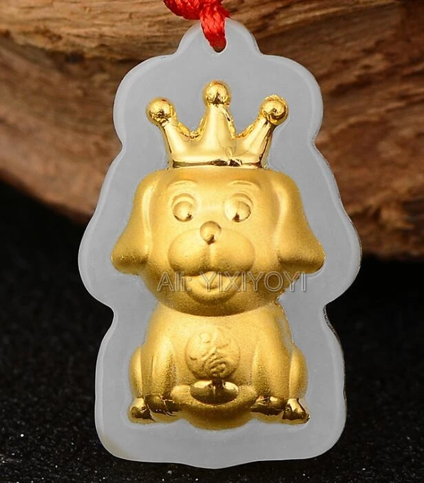 Natural White Hetian Jade Solid Gold Cute Crown Dog Design Lucky Dangle Pendant + Necklace Luxury Charm Fine Gift Jewelry