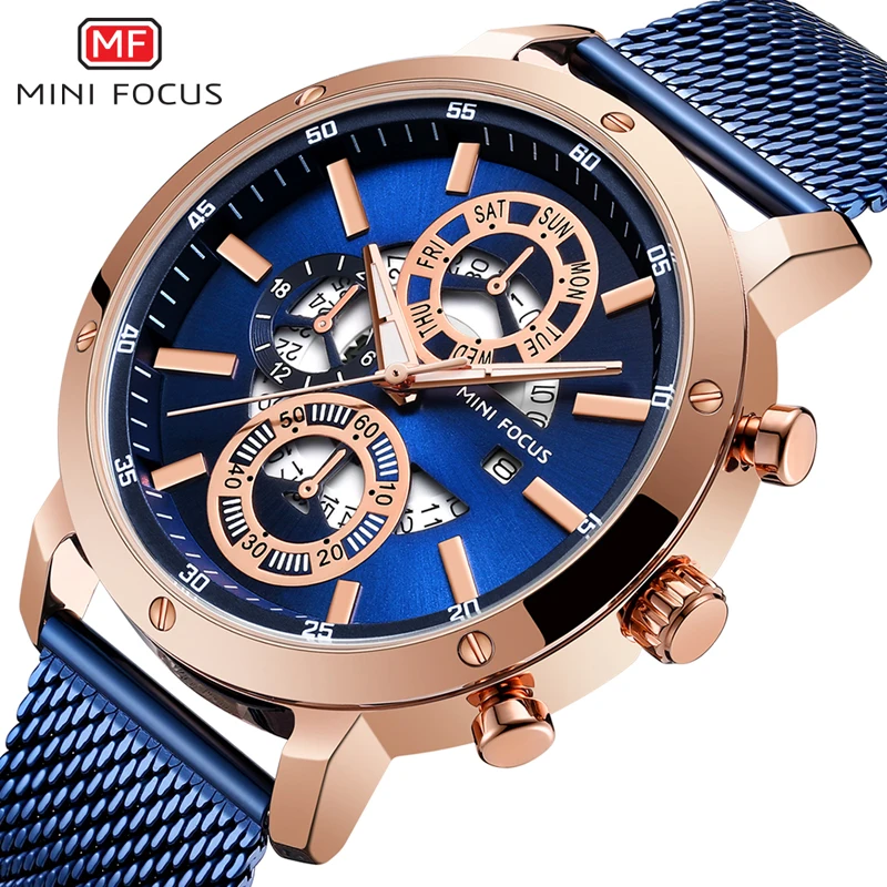 MINI FOCUS Men's Luxury Mesh Strap Business Quartz Watches Top Brand Military Sport Wristwatch Man Relogios Masculino Clock 0190