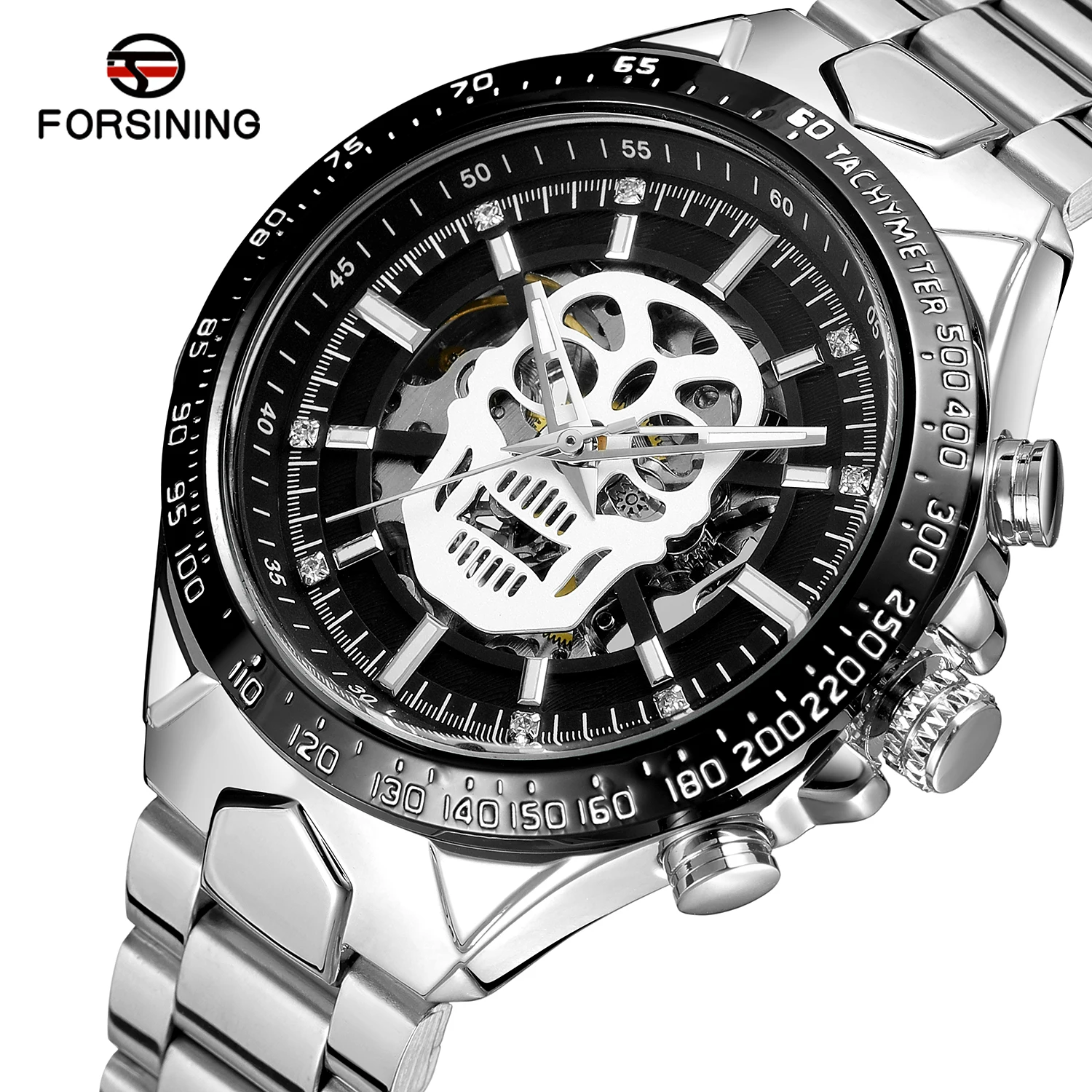 Fashion Forsiining Brand Steampunk Skull Auto Mechanical Watch Men Black Stainless Steel Skeleton Dial Cool Design Wrist Watches