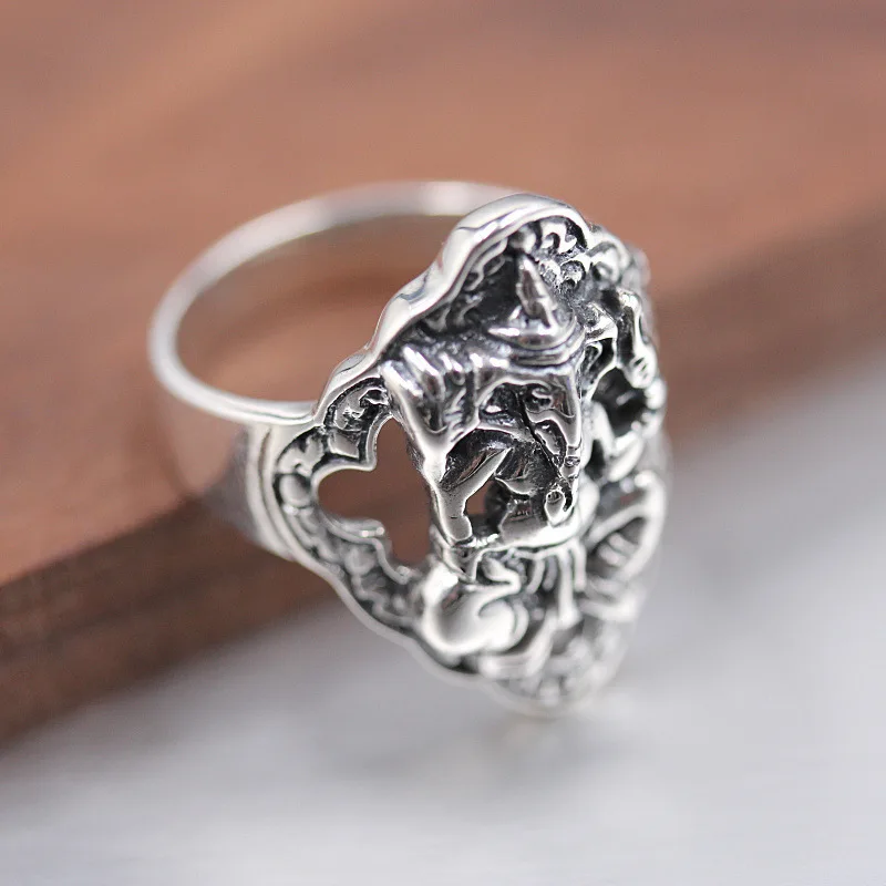 100%925 Silver Rings Personality Male Rings Old Thai Silver Carved Elephant Head Ganesha Silver Ring Free Shipping