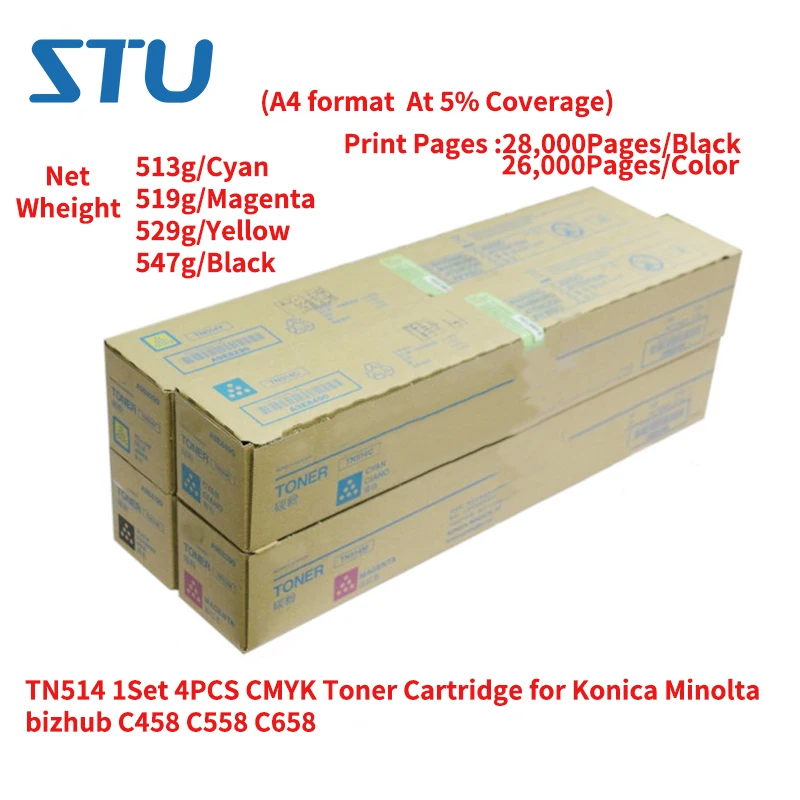 TN514 1Set New Original 4PCS CMYK Toner Cartridge for Konica Minolta bizhub C458 C558 C658