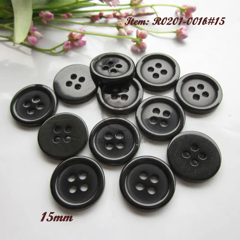 100pcs 15mm 4 Holes Black Round Thin Edge Resin Buttons Fit Sewing Scrapbook Craft DIY Findings