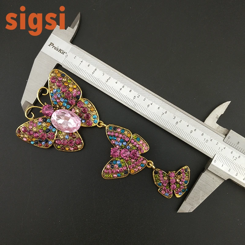 

Free shipping 10.8cm Three butterflies long large brooch pin rhinestone insect broach