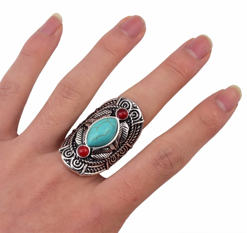 Vintage Silver Color Big Blue Stone Rings Adjustable For Women Men Geometric Ring Carved Flower Indian Gypsy Tribal Jewelry