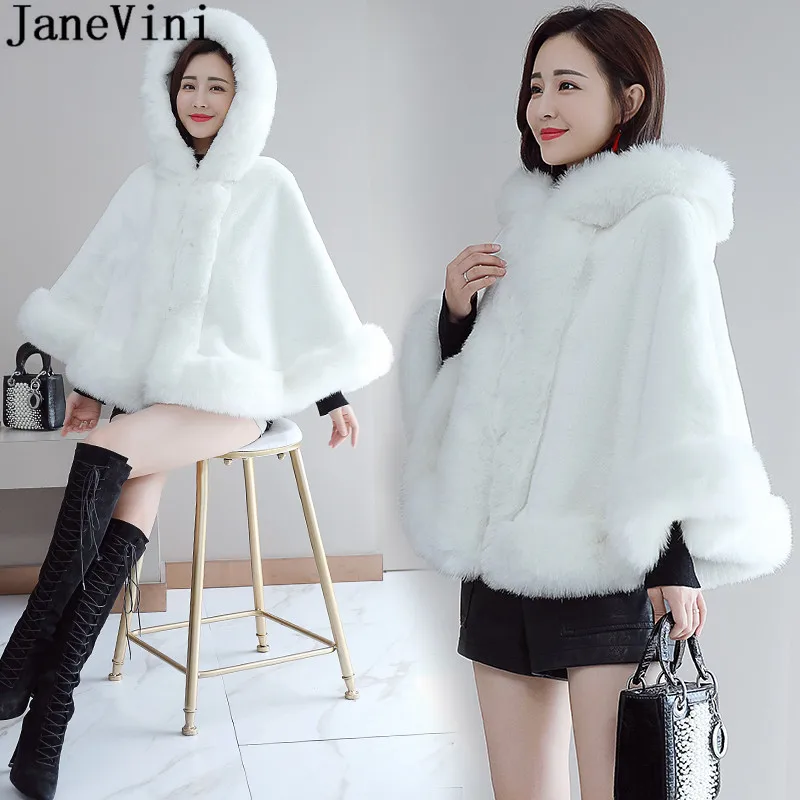 JaneVini Winter Hooded Faux Fur Bolero For Women Bridal Fur Shawl Short Hood Cape White Wrap Bride Wedding Coat Outerwear Stoles