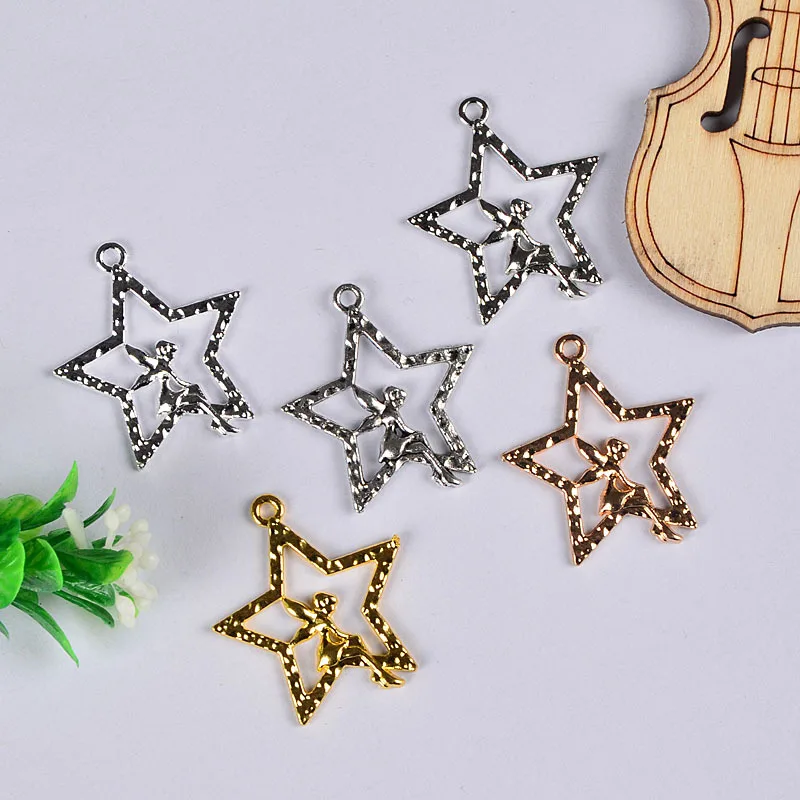 200pcs 1.6*24.5*29.5MM Zinc Alloy gold silver hollow star with angle Charm Necklace Pendant DIY  Fashion Jewelry For Women&Men