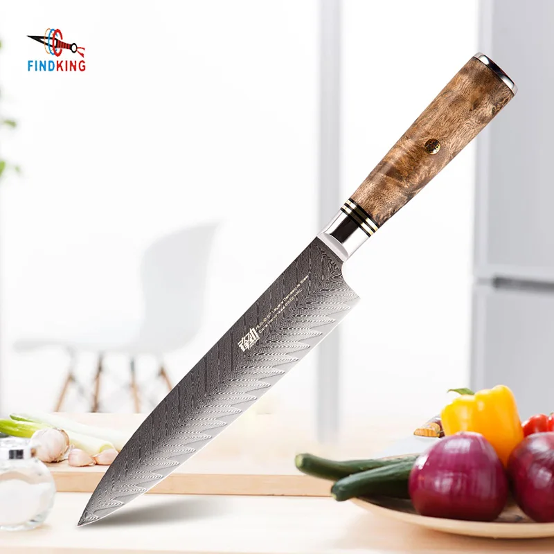 FINDKING New AUS-10 damascus steel Sapele wood handle arrow pattern damascus knife 8 inch chef knife 67 layers  kitchen knives