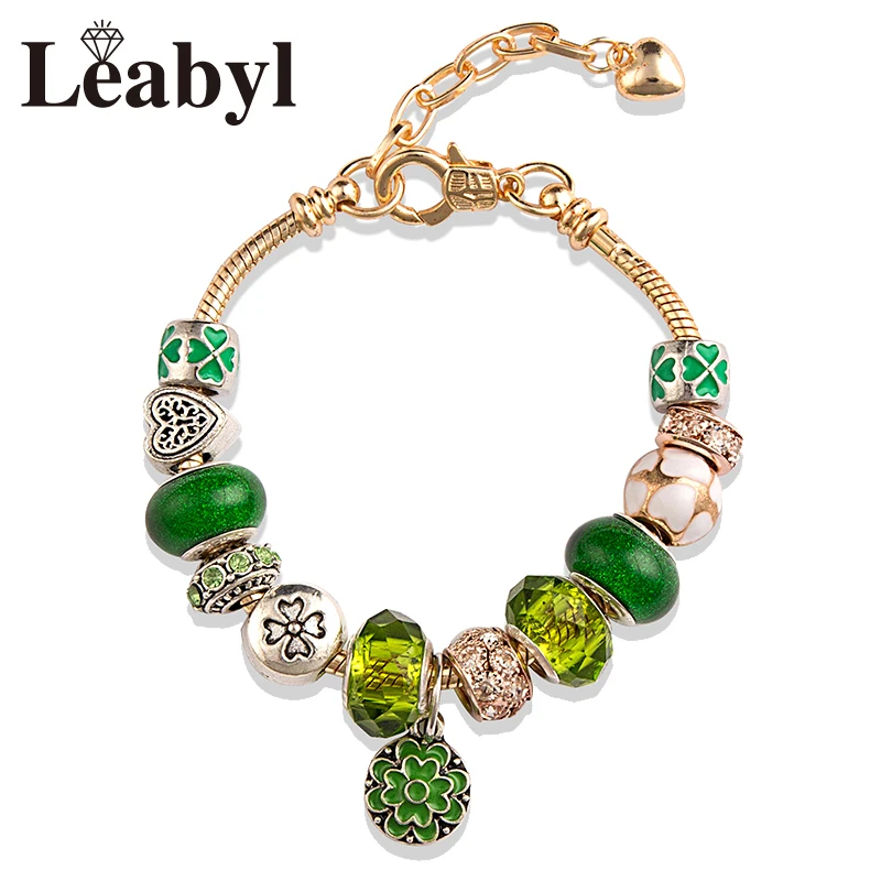 Green Enamel Flower Heart Leaf DIY Charm Bracelets Rose Gold Color Adjustable Lobster Fashion Beaded Bracelet & Bangle Jewelry