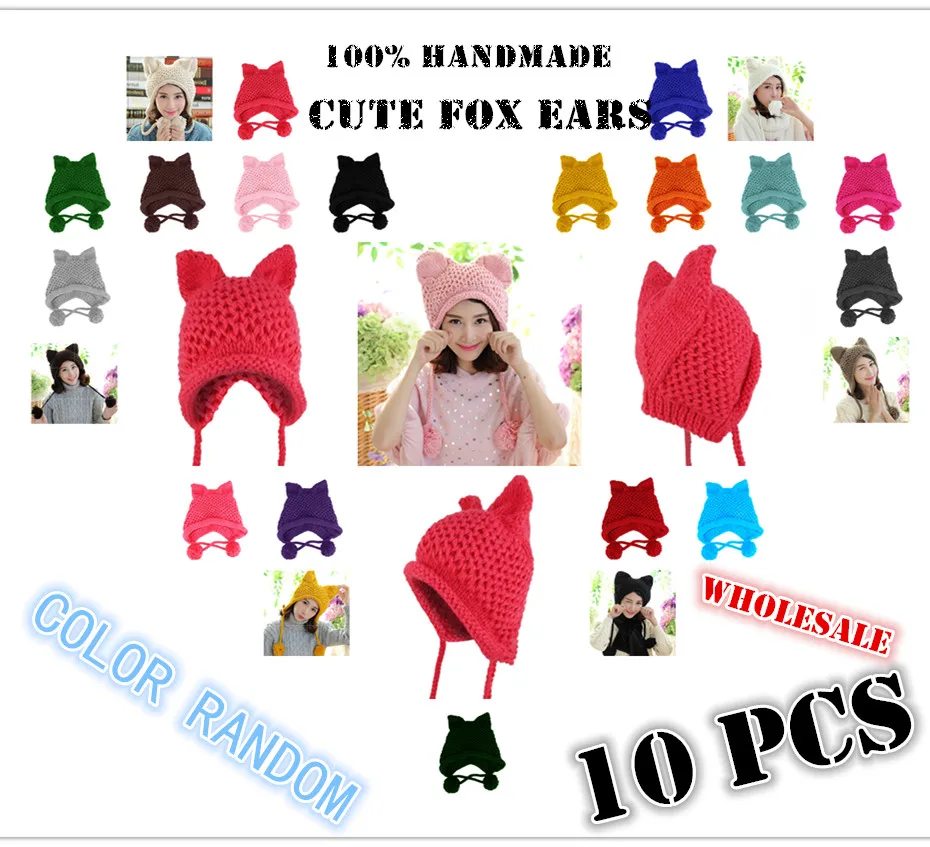 BomHCS Wholesale 10PCS (COLOR RANDOM) Very Cute Fox Ears Hat 100% Hand Made Cold Weather Knitted Warm Ear Beanie