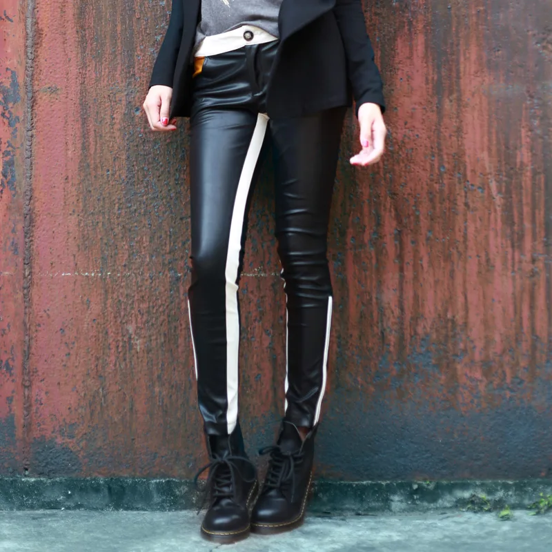 S-5xl! Women's Fashion Elastic Color Block Leather Pants Slim Pencil Pants Casual Zipper Tight Singer Costumes Clothing