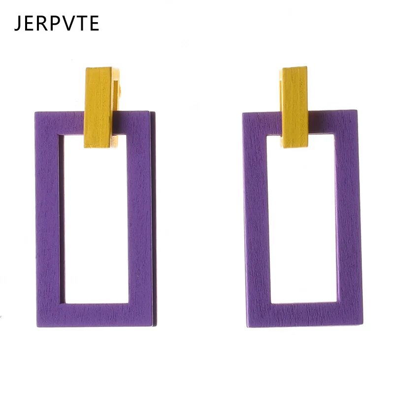 Purple Yellow Geometric Wood Drop Earrings Women Fashion Jewelry Femme Square Round Big Long Boho Wooden Earrings Woman Earrings