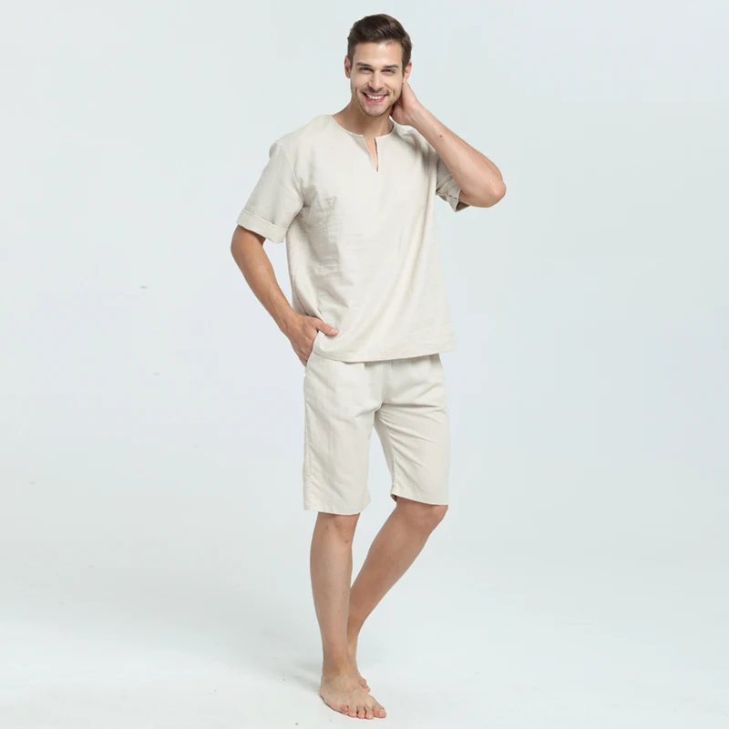 Men and Woen Unisex Ramie and Cotton Sumer and Spring  Short Top Sleepwear Home Wear Loungewear pajama Sets with Long Pants