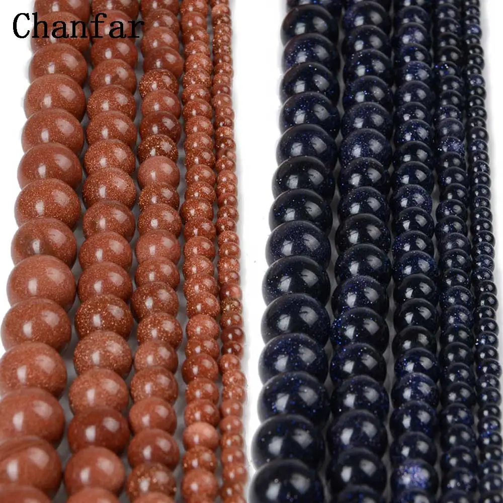 Chanfar 4 6 8 10 12mm Natural Gold Color Sand Stone Beads Loose Dark Blue Sand stone Round Beads for DIY Jewelry