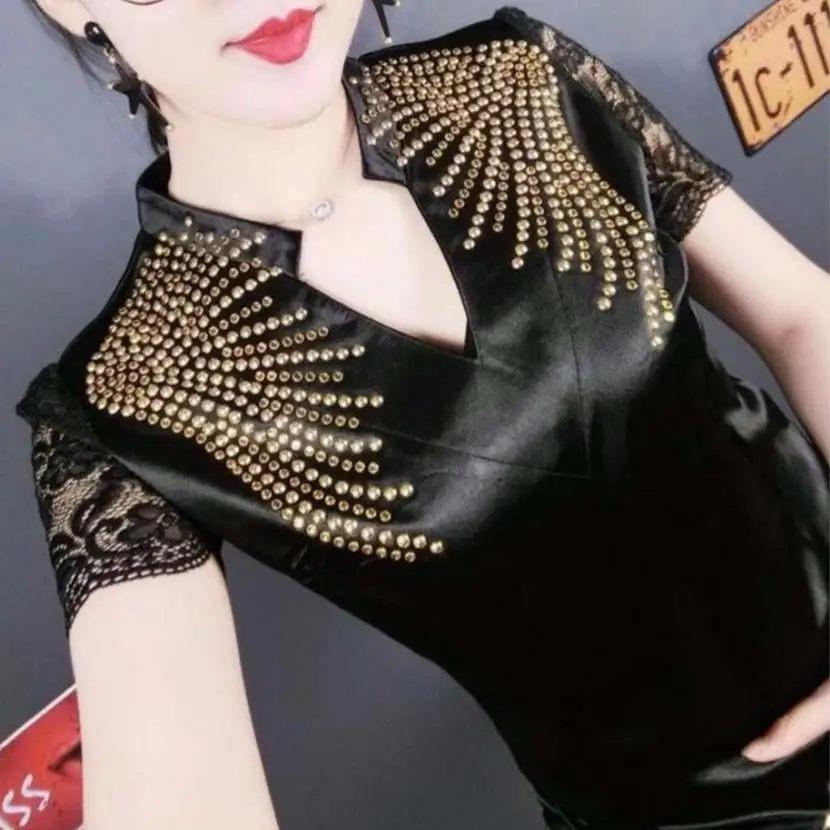 

spring autumn new fashion wild V-neck short-sleeved t-shirt women slim diamonds solid color bottoming tosps -shirt
