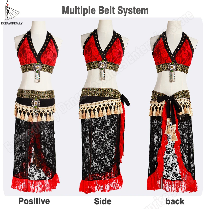 ATS Tribal Belly Dance Costume Suit Set Bra Hip Scarf Lace Women Stage Performance Tribal Gypsy Adjustable Top Belt 2PCS