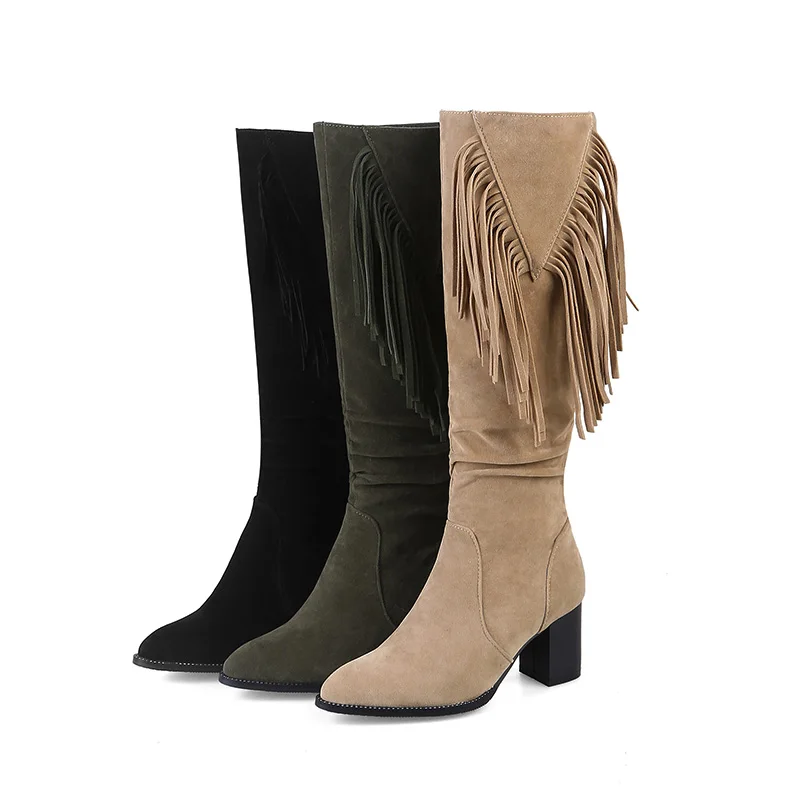 Phoentin fringe knee high boots female zip closure winter shoes women flock upper plush inside high heel 6cm women's shoes FT169