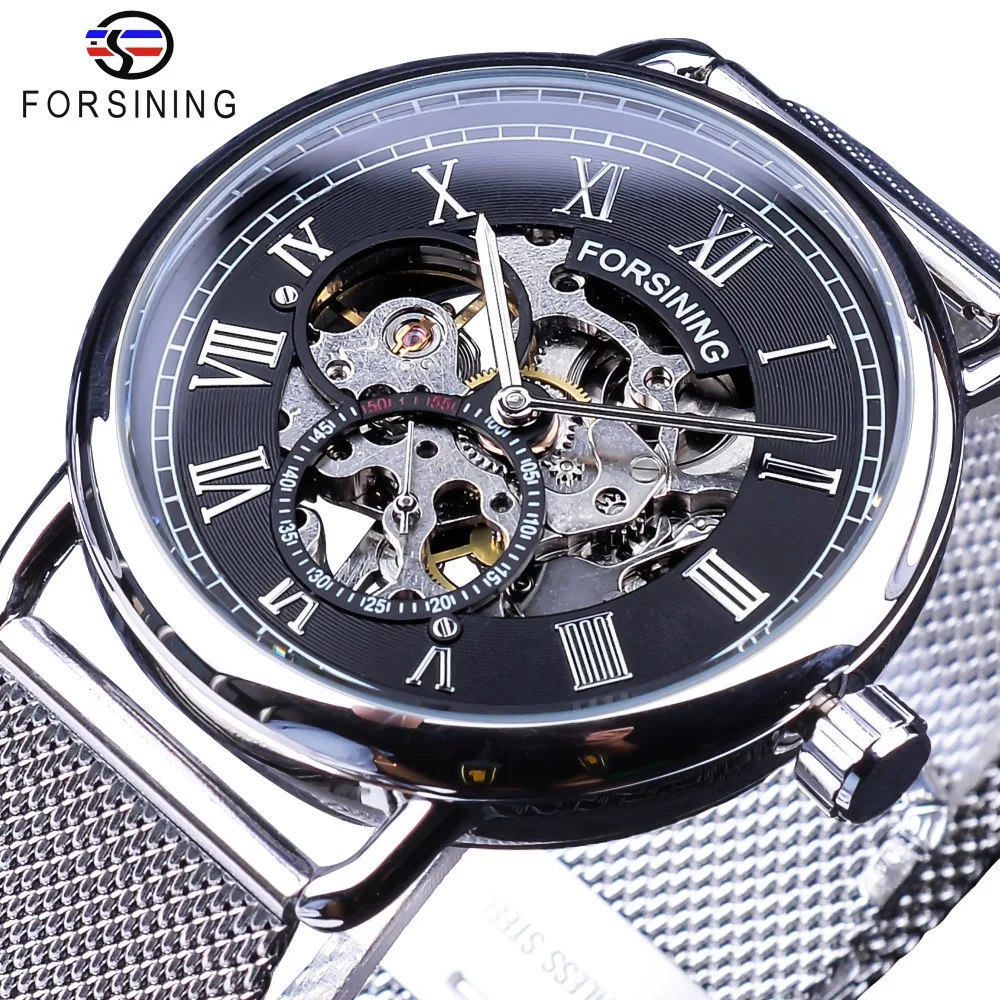 Forsining Fashion Classic Black Silver Skeleton Mechanical Watches for Men Mesh Belt Transparent Case Waterproof Clock Male